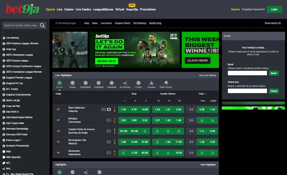 Bet9ja Sportsbook Homepage Screenshot